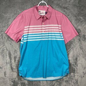 Chubbies 1/4 button up Pullover Pink & Blue Retro Striped Short Sleeve Mens XL